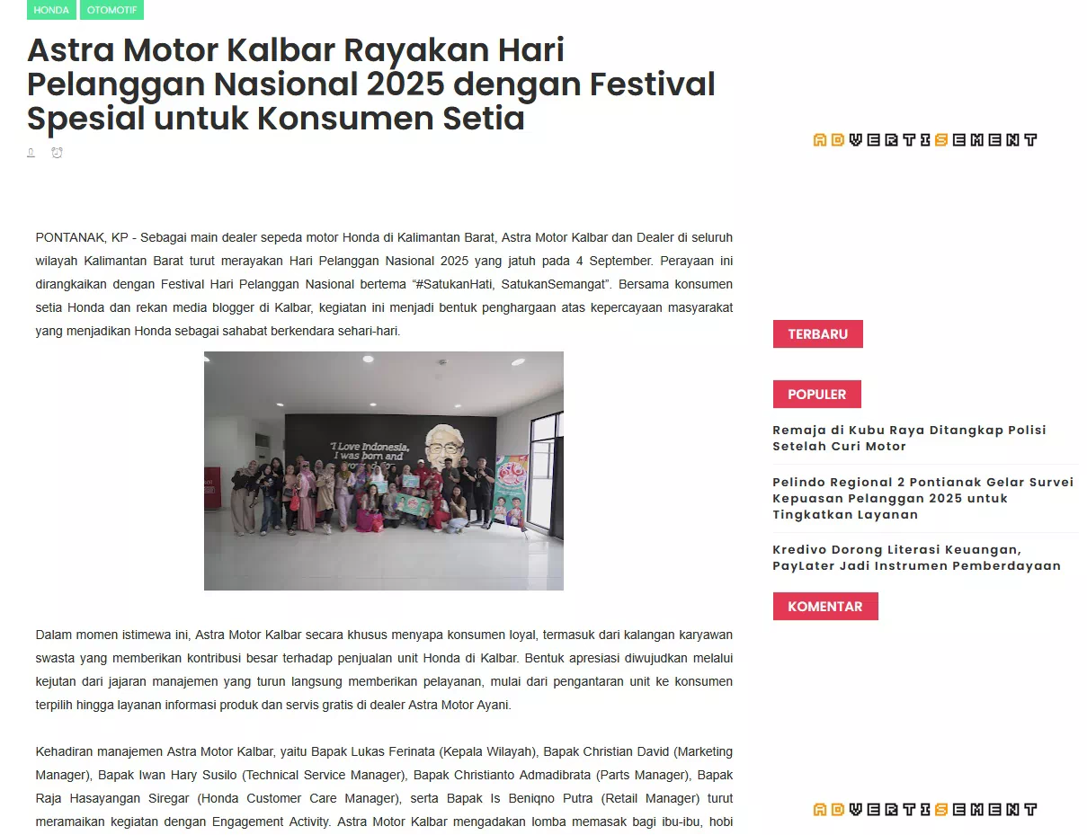 Astra Motor Kalbar Rayakan Hari Pelanggan Nasional 2025 dengan Festival Spesial untuk Konsumen Setia