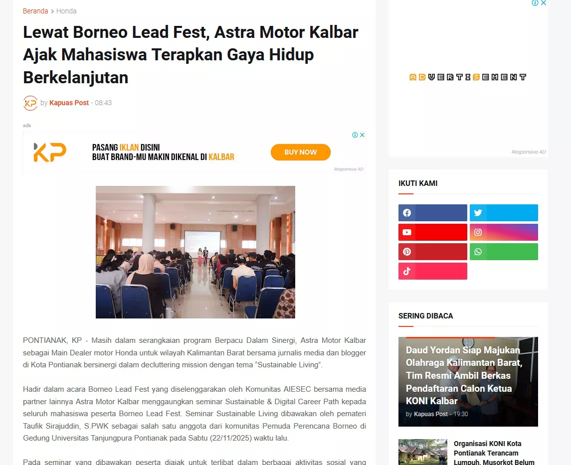 Lewat Borneo Lead Fest, Astra Motor Kalbar Ajak Mahasiswa Terapkan Gaya Hidup Berkelanjutan