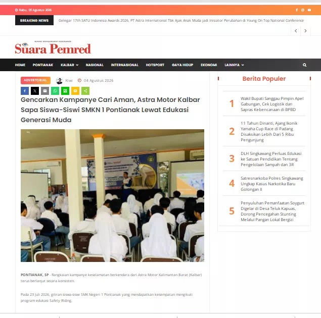 Gencarkan Kampanye Cari Aman, Astra Motor Kalbar Sapa Siswa-Siswi SMKN 1 Pontianak Lewat Edukasi Generasi Muda