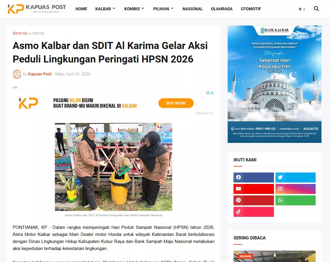Asmo Kalbar dan SDIT Al Karima Gelar Aksi Peduli Lingkungan Peringati HPSN 2026