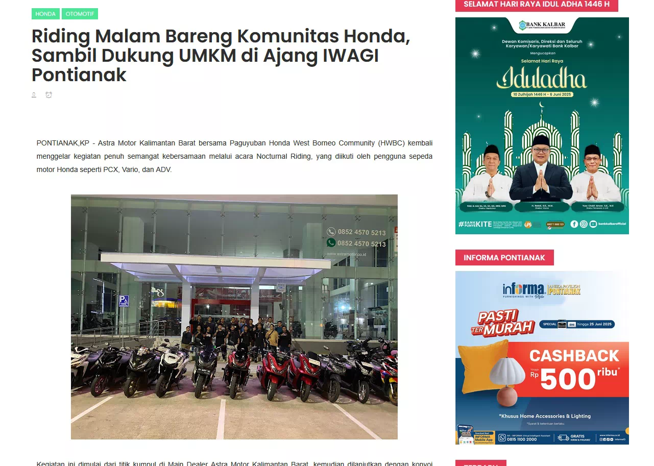 Riding Malam Bareng Komunitas Honda, Sambil Dukung UMKM di Ajang IWAGI Pontianak