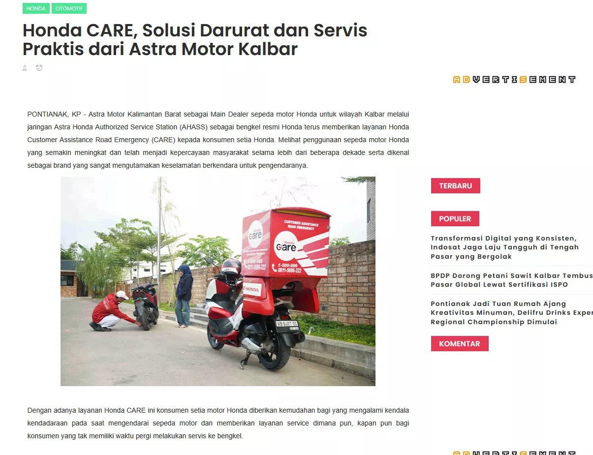 Honda CARE, Solusi Darurat dan Servis Praktis dari Astra Motor Kalbar