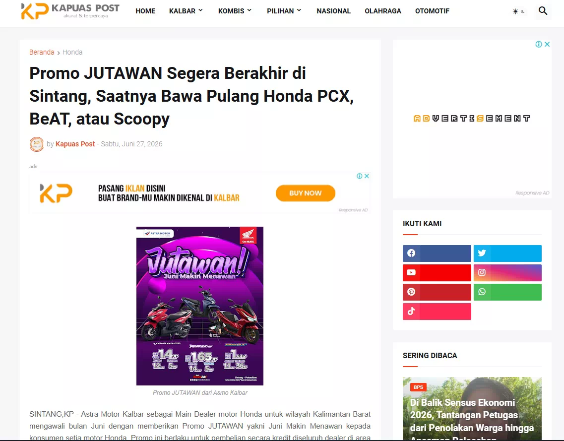Promo JUTAWAN Segera Berakhir di Sintang, Saatnya Bawa Pulang Honda PCX, BeAT, atau Scoopy
