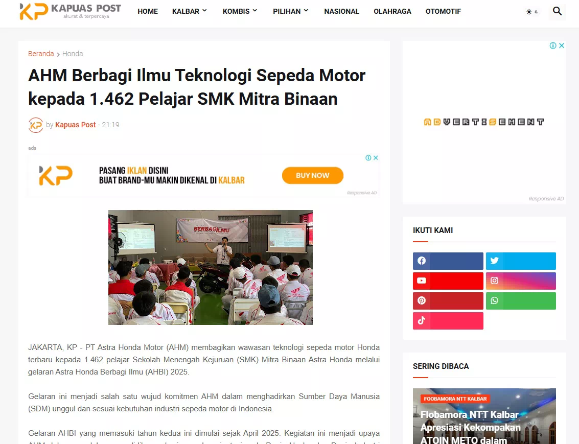 AHM Berbagi Ilmu Teknologi Sepeda Motor kepada 1.462 Pelajar SMK Mitra Binaan