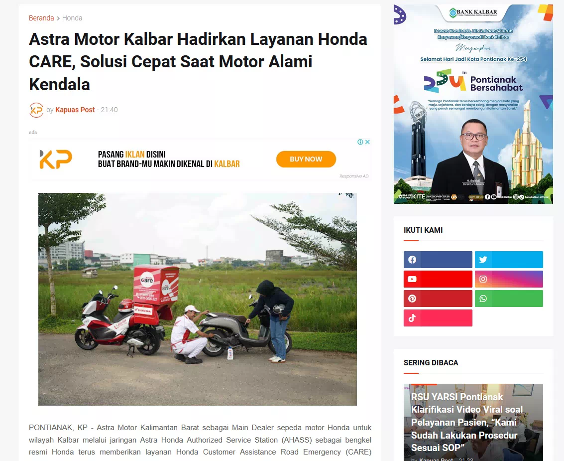 Astra Motor Kalbar Hadirkan Layanan Honda CARE, Solusi Cepat Saat Motor Alami Kendala