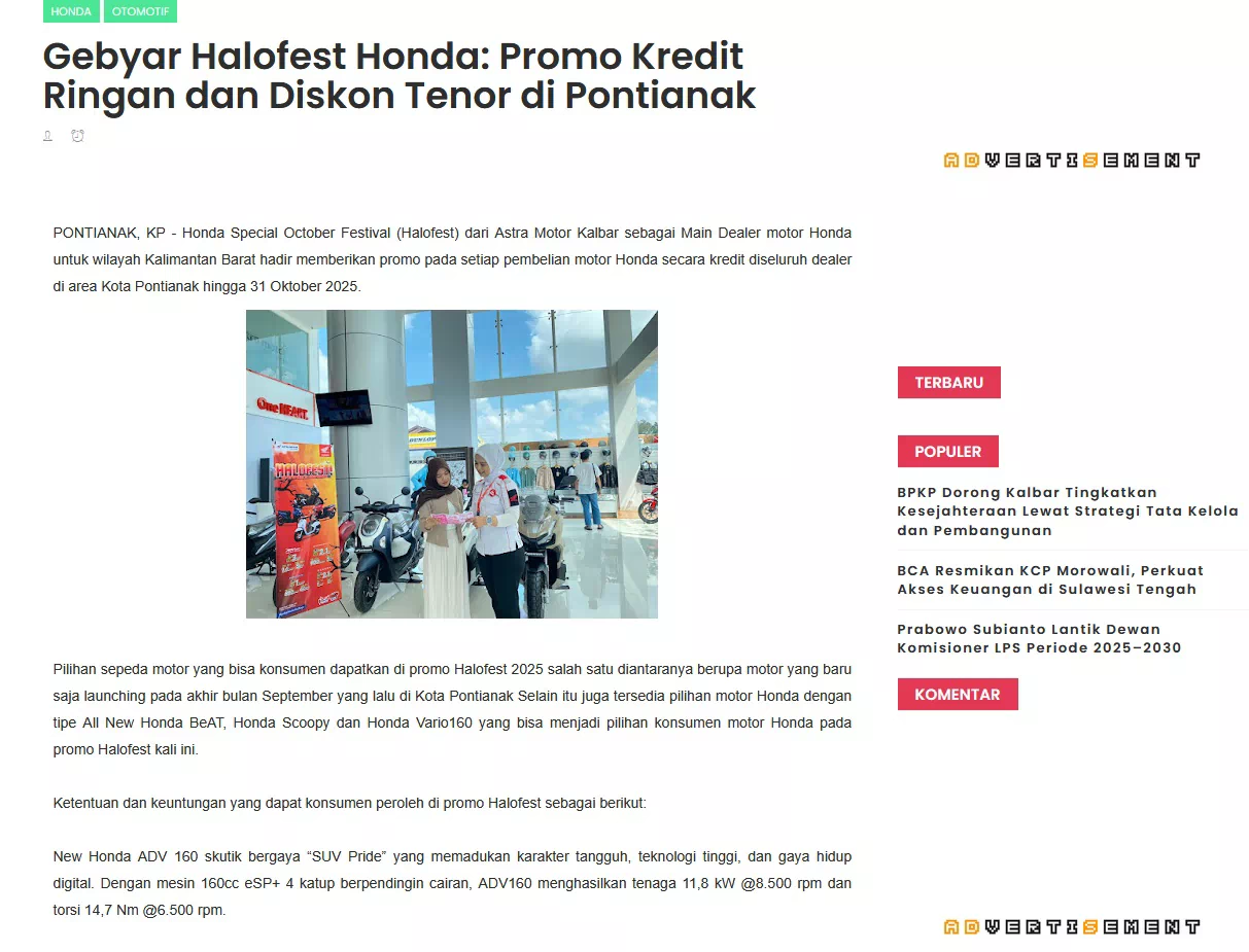 Gebyar Halofest Honda: Promo Kredit Ringan dan Diskon Tenor di Pontianak