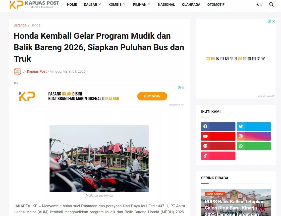 Honda Kembali Gelar Program Mudik dan Balik Bareng 2026, Siapkan Puluhan Bus dan Truk