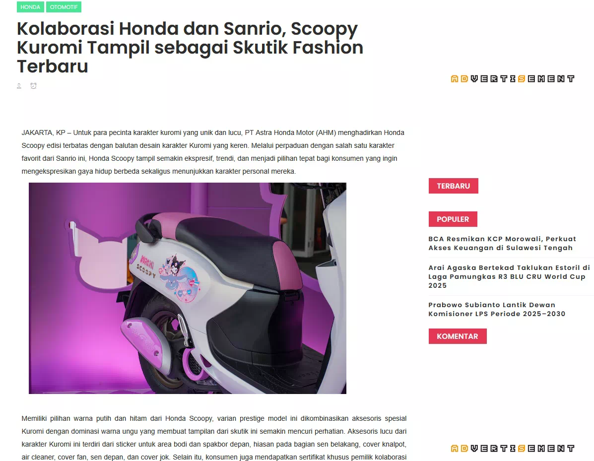 Kolaborasi Honda dan Sanrio, Scoopy Kuromi Tampil sebagai Skutik Fashion Terbaru