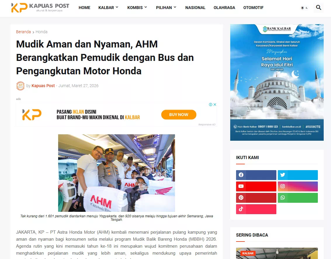 Mudik Aman dan Nyaman, AHM Berangkatkan Pemudik dengan Bus dan Pengangkutan Motor Honda