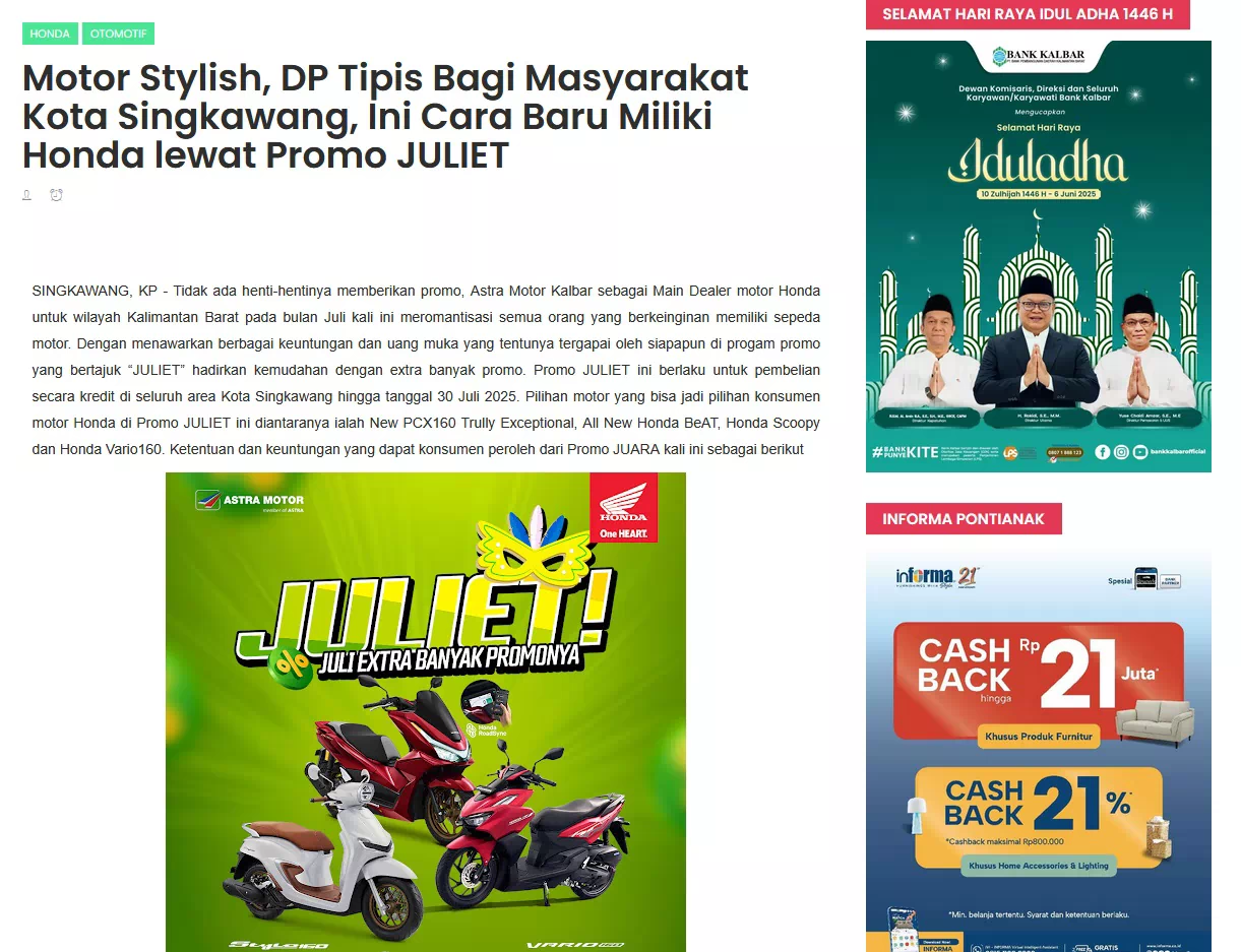 Motor Stylish, DP Tipis Bagi Masyarakat Kota Singkawang, Ini Cara Baru Miliki Honda lewat Promo JULIET