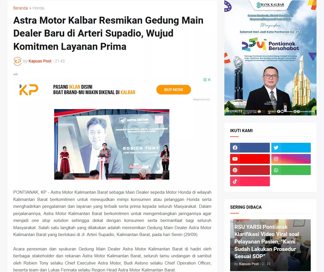 Astra Motor Kalbar Resmikan Gedung Main Dealer Baru di Arteri Supadio, Wujud Komitmen Layanan Prima