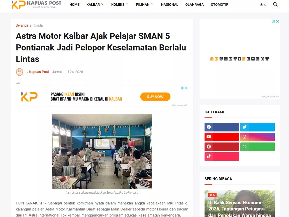 Astra Motor Kalbar Ajak Pelajar SMAN 5 Pontianak Jadi Pelopor Keselamatan Berlalu Lintas