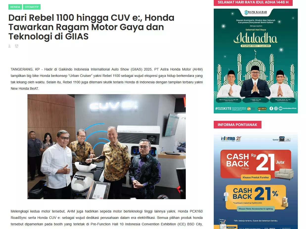 Dari Rebel 1100 hingga CUV e:, Honda Tawarkan Ragam Motor Gaya dan Teknologi di GIIAS