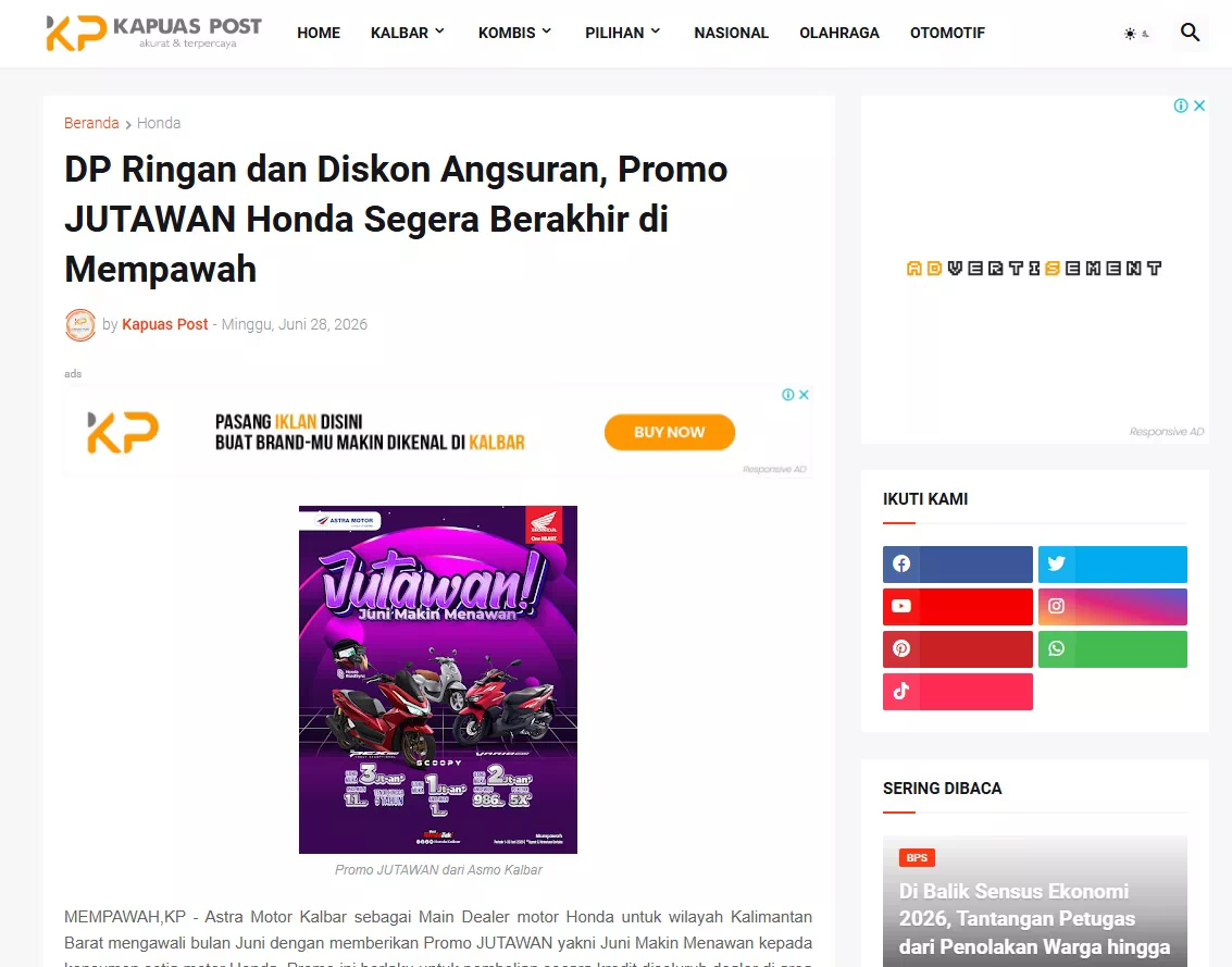 DP Ringan dan Diskon Angsuran, Promo JUTAWAN Honda Segera Berakhir di Mempawah