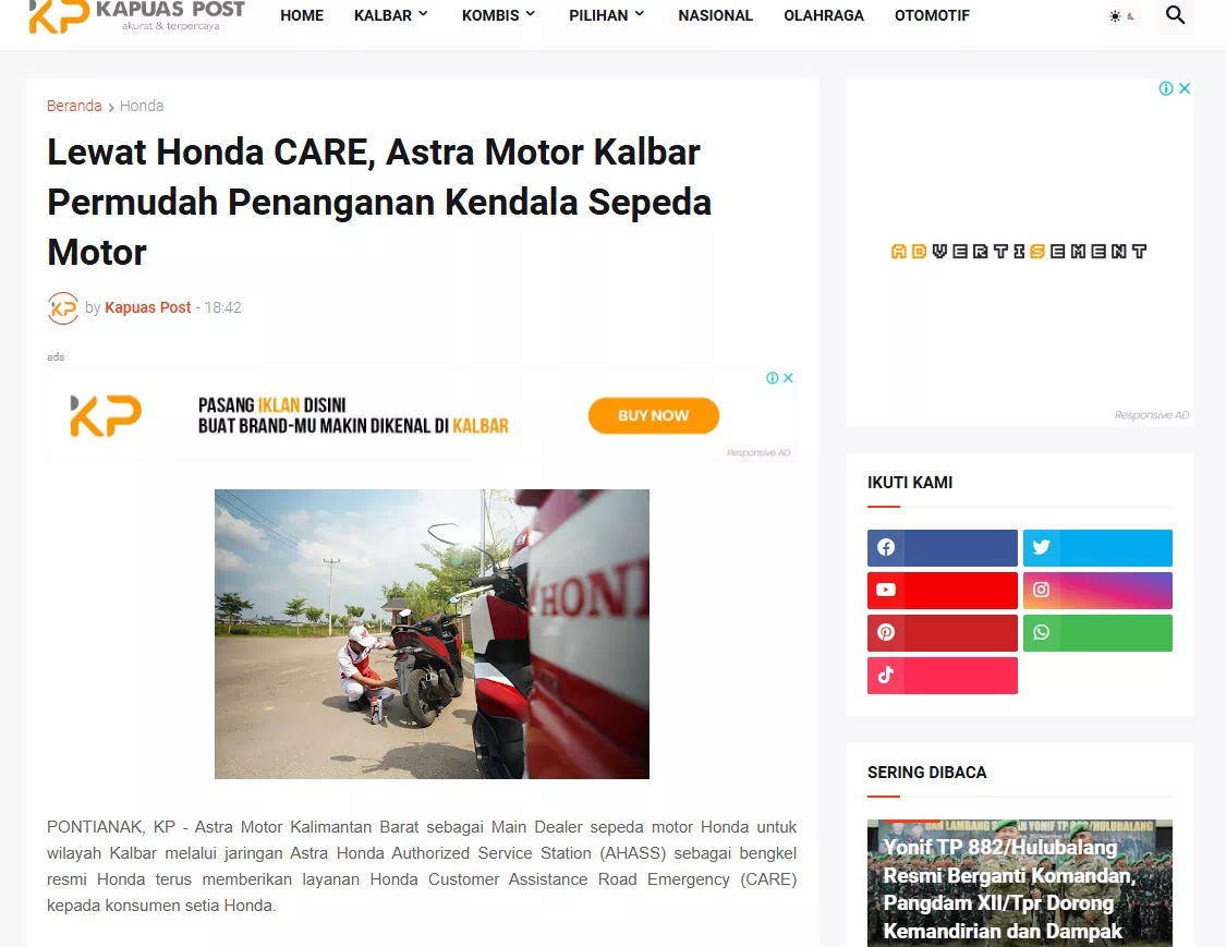 Lewat Honda CARE, Astra Motor Kalbar Permudah Penanganan Kendala Sepeda Motor