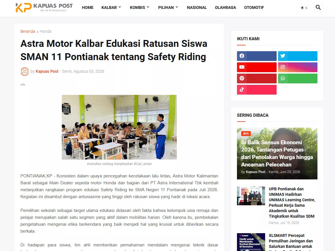 Astra Motor Kalbar Edukasi Ratusan Siswa SMAN 11 Pontianak tentang Safety Riding