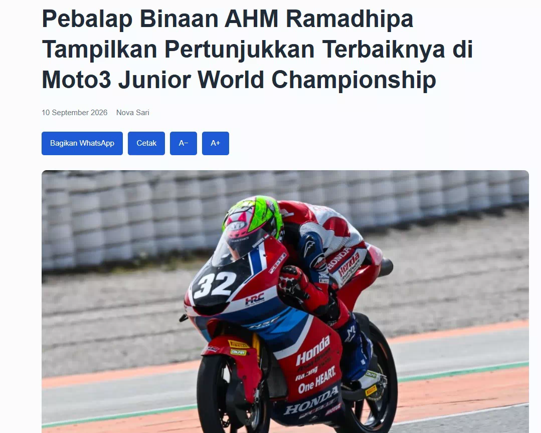 Pebalap Binaan AHM Ramadhipa Tampilkan Pertunjukkan Terbaiknya di Moto3 Junior World Championship