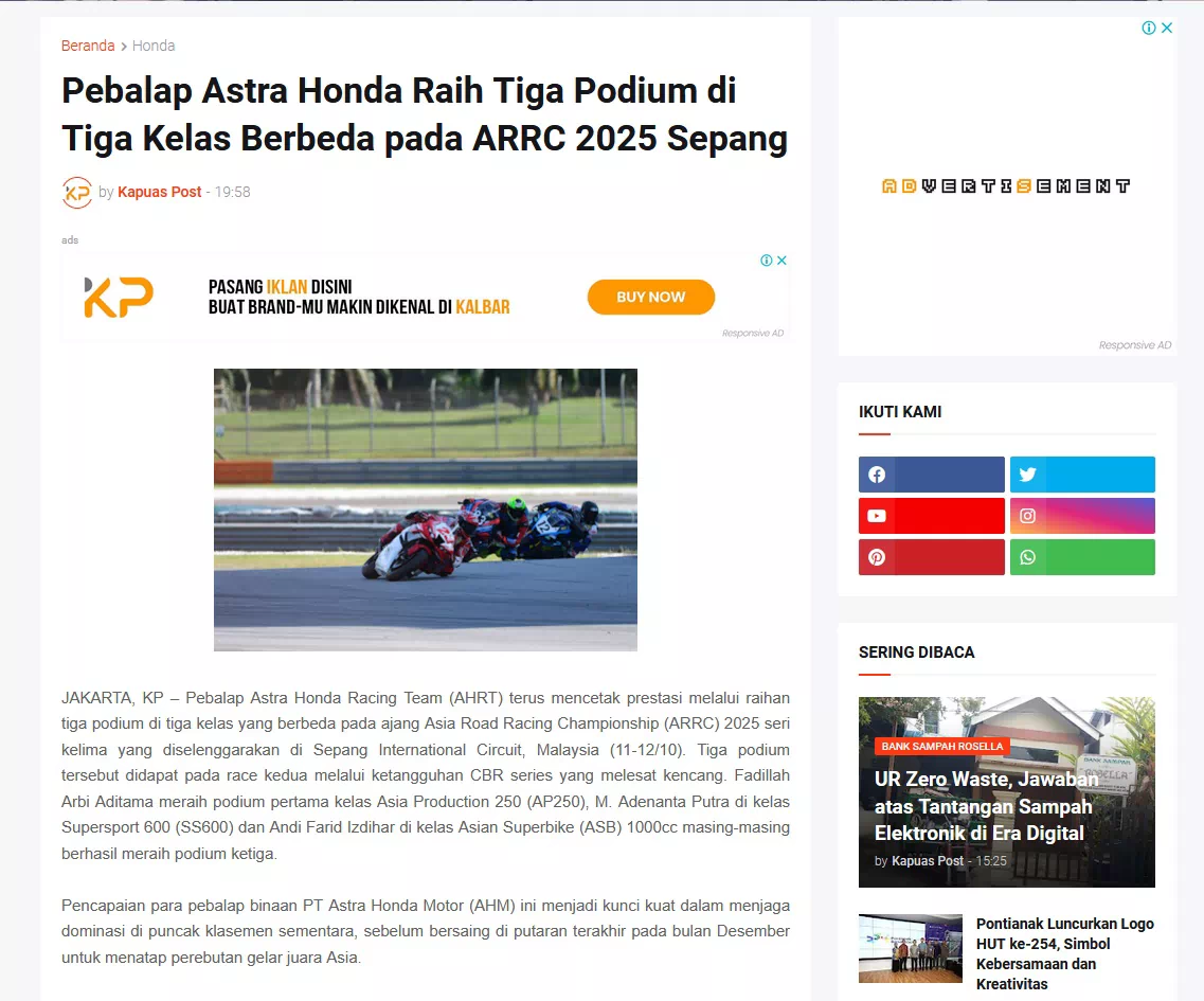 Pebalap Astra Honda Raih Tiga Podium di Tiga Kelas Berbeda pada ARRC 2025 Sepang