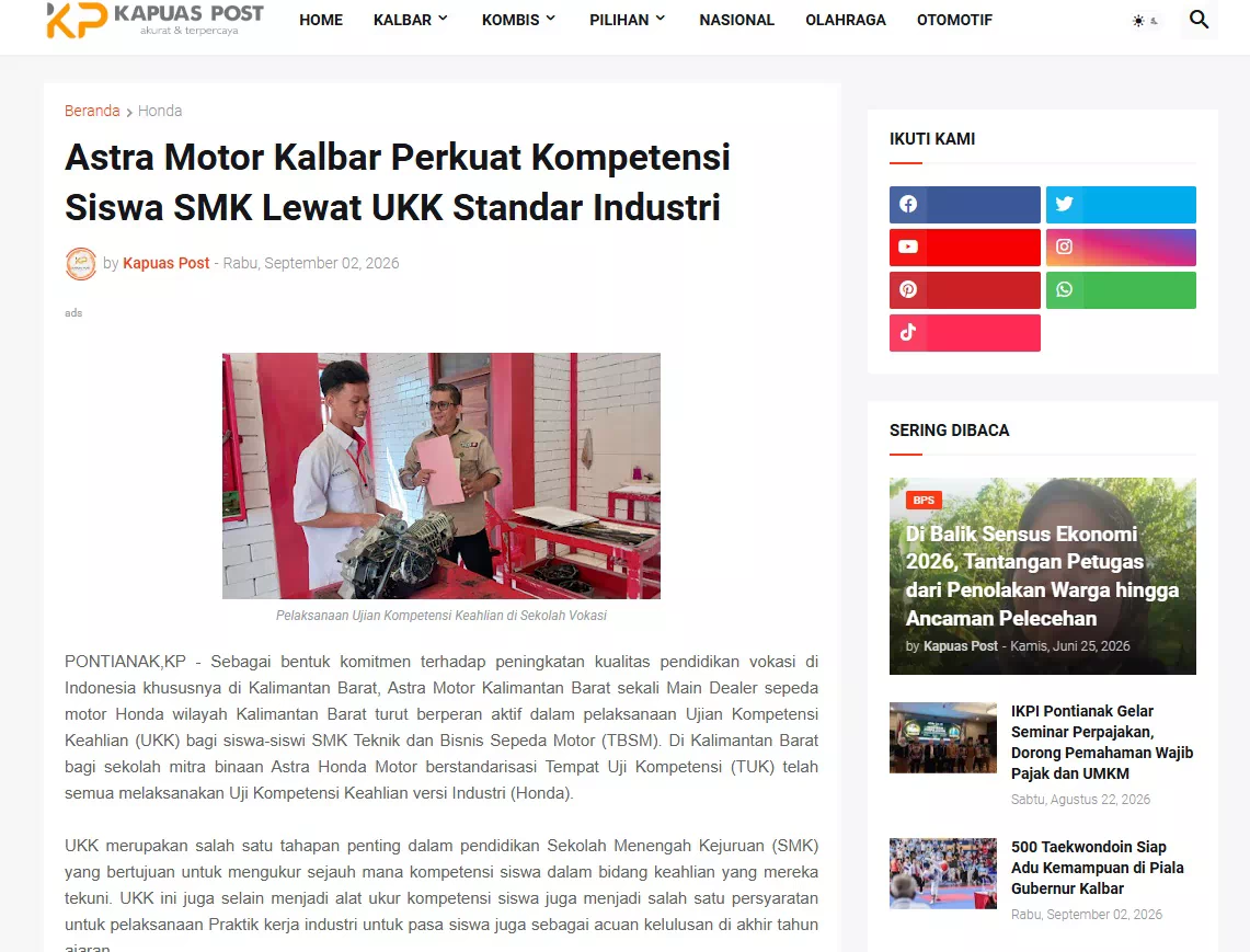 Astra Motor Kalbar Perkuat Kompetensi Siswa SMK Lewat UKK Standar Industri