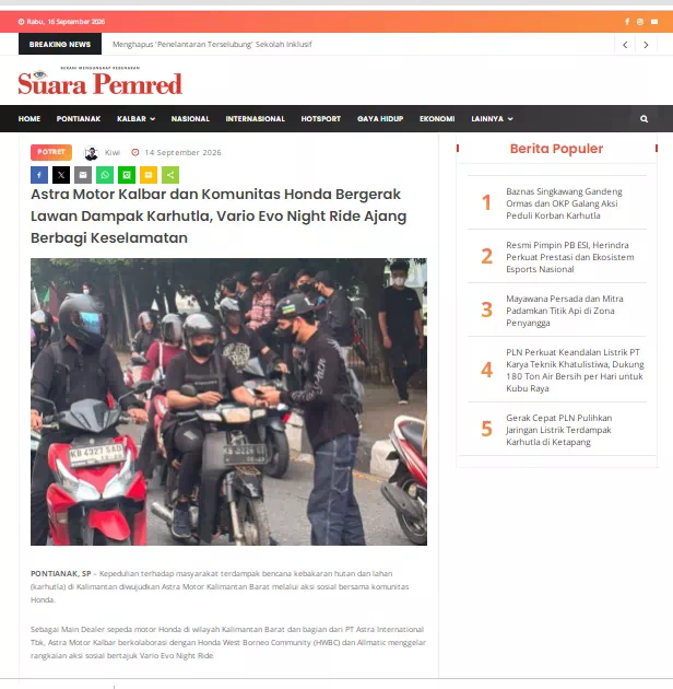 Astra Motor Kalbar dan Komunitas Honda Bergerak Lawan Dampak Karhutla, Vario Evo Night Ride Ajang Berbagi Keselamatan