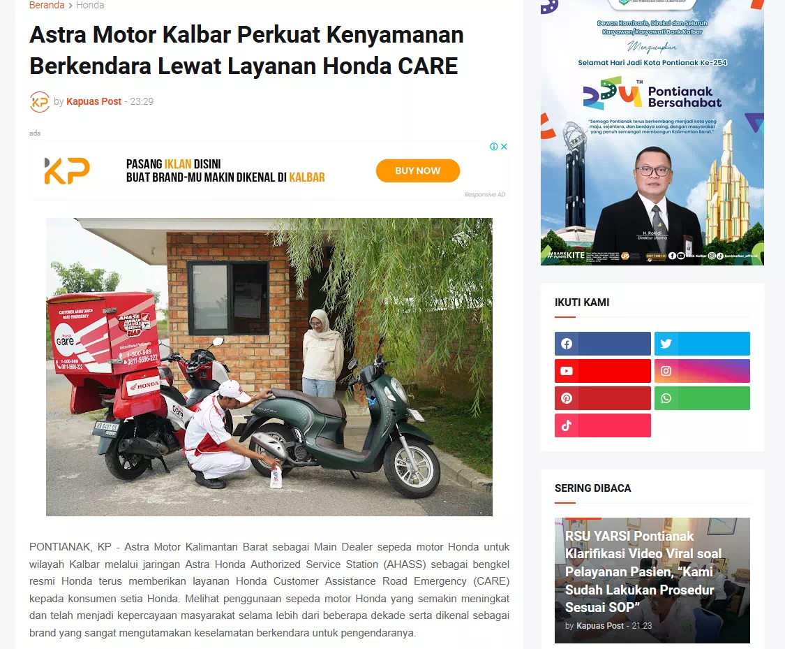 Astra Motor Kalbar Perkuat Kenyamanan Berkendara Lewat Layanan Honda CARE