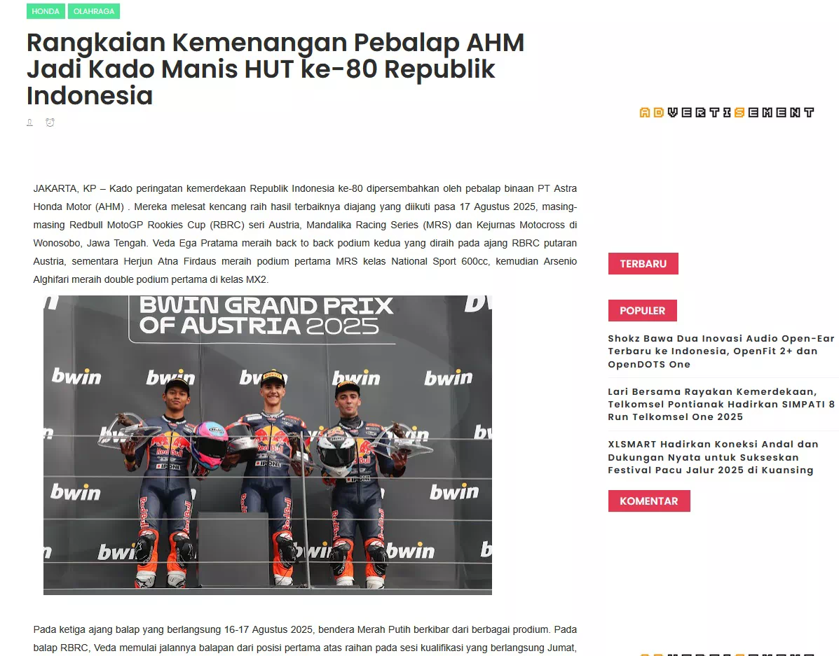 Rangkaian Kemenangan Pebalap AHM Jadi Kado Manis HUT ke-80 Republik Indonesia