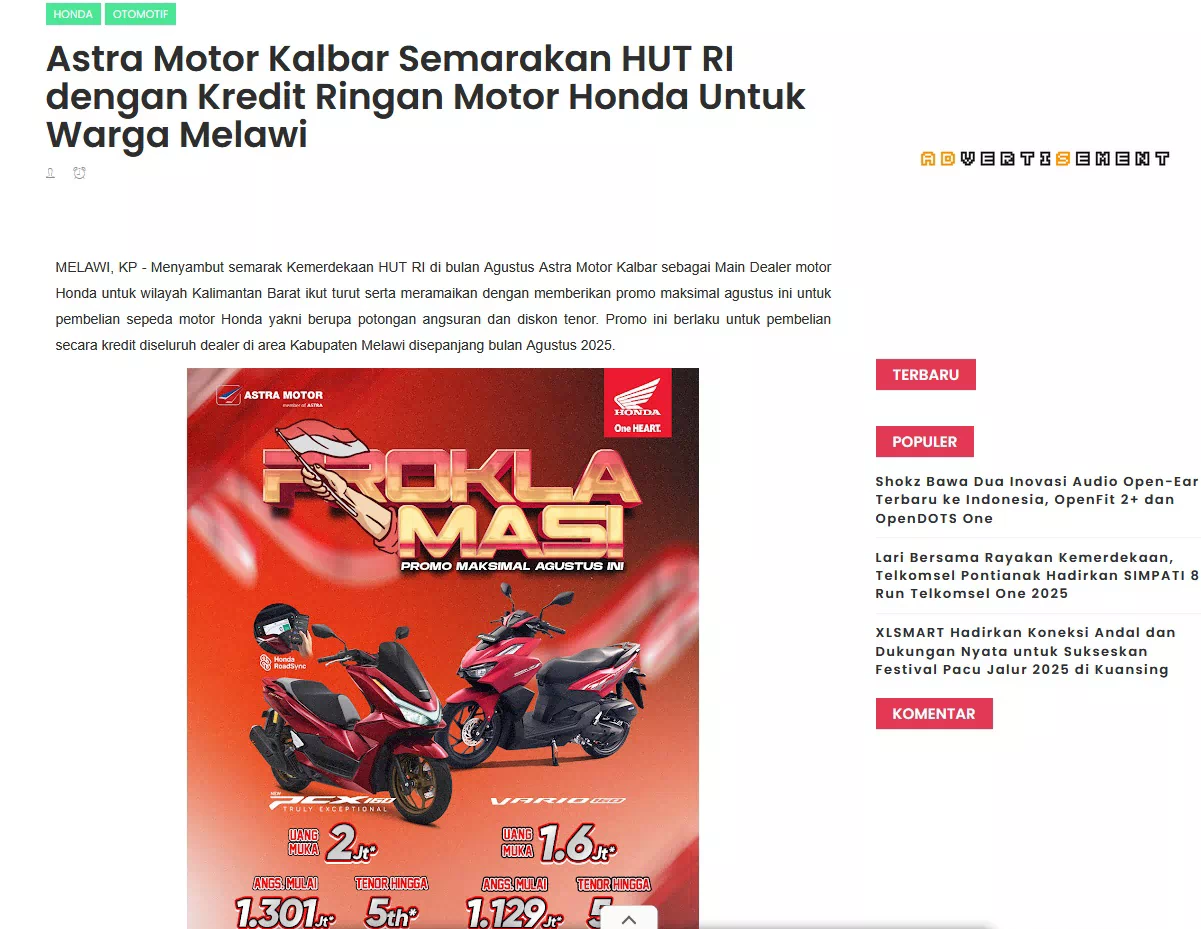 Astra Motor Kalbar Semarakan HUT RI dengan Kredit Ringan Motor Honda Untuk Warga Melawi
