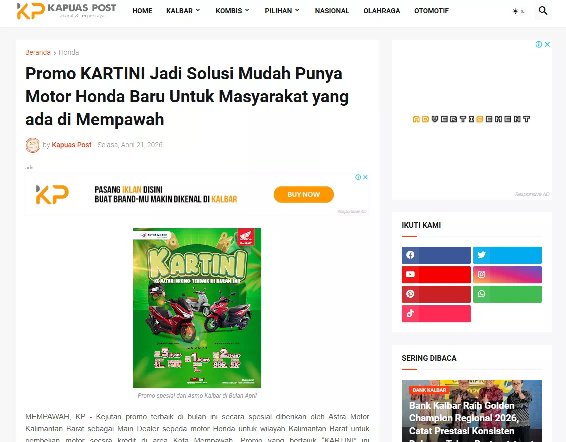 Promo KARTINI Jadi Solusi Mudah Punya Motor Honda Baru Untuk Masyarakat yang ada di Mempawah