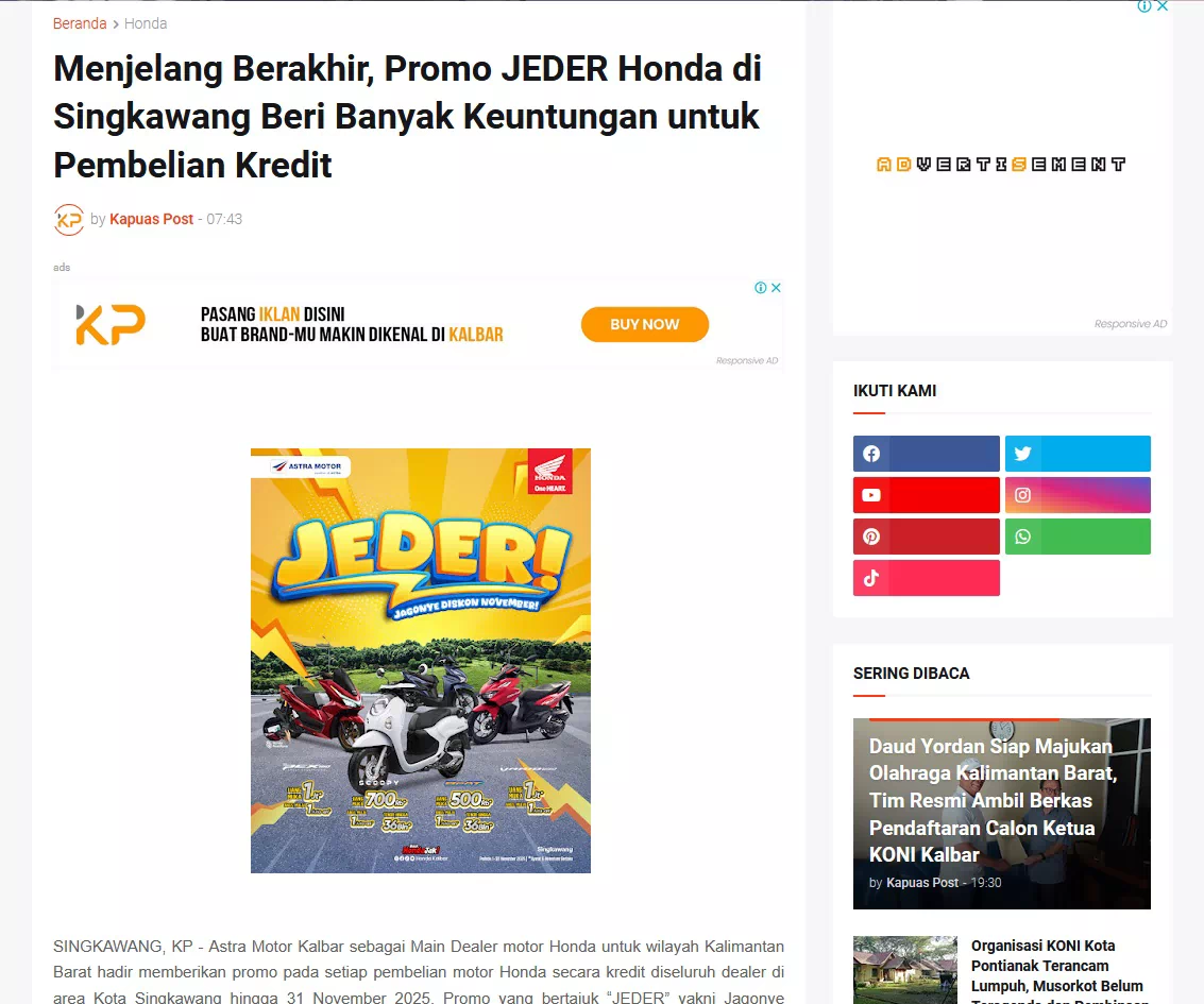 Menjelang Berakhir, Promo JEDER Honda di Singkawang Beri Banyak Keuntungan untuk Pembelian Kredit