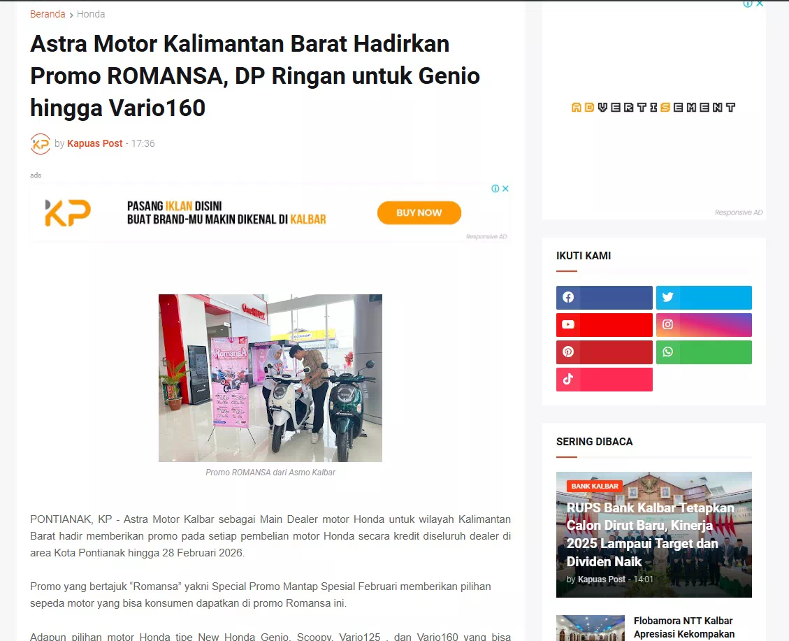 Astra Motor Kalimantan Barat Hadirkan Promo ROMANSA, DP Ringan untuk Genio hingga Vario160