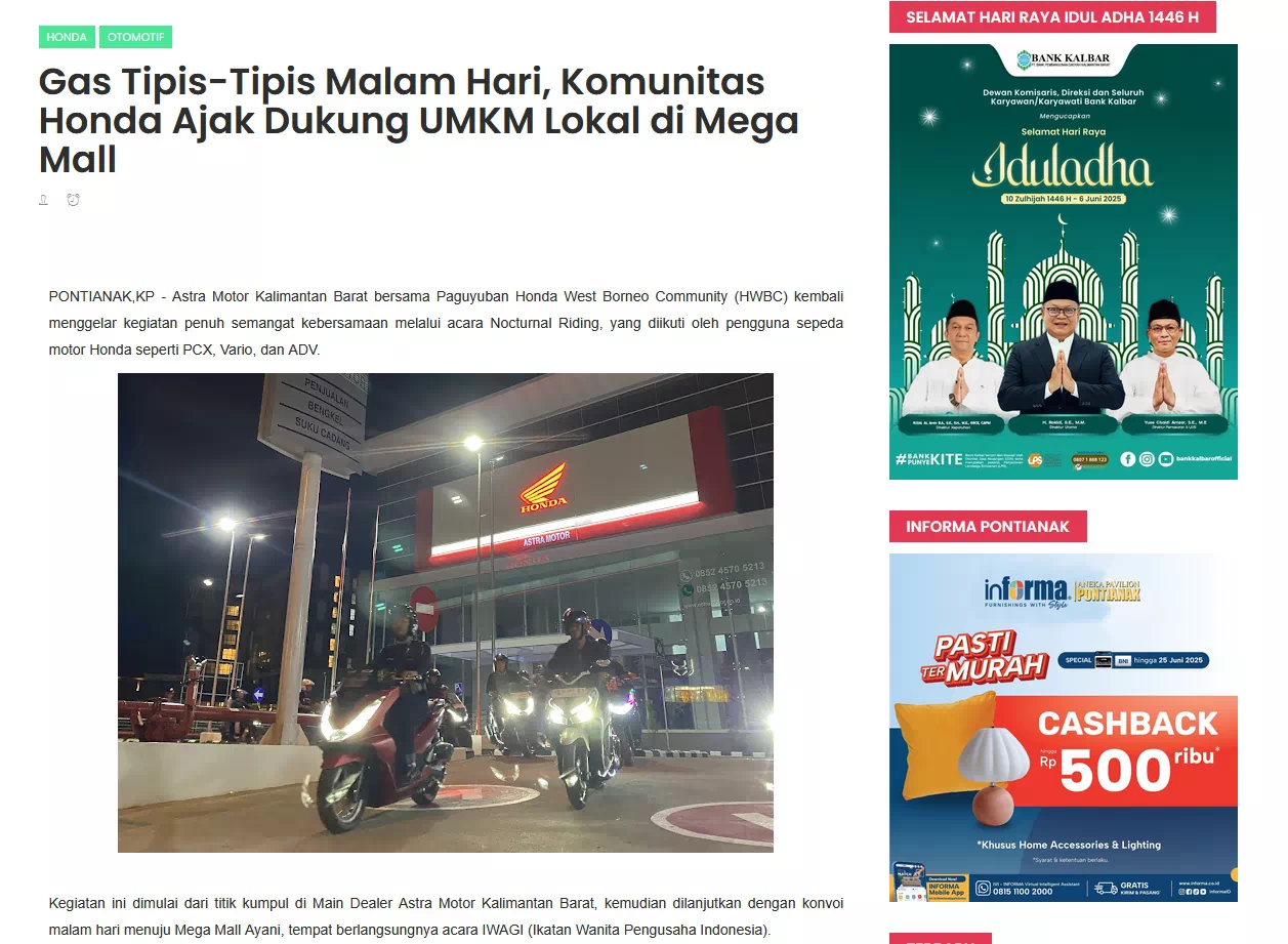 Gas Tipis-Tipis Malam Hari, Komunitas Honda Ajak Dukung UMKM Lokal di Mega Mall