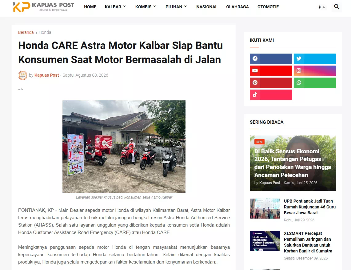 Honda CARE Astra Motor Kalbar Siap Bantu Konsumen Saat Motor Bermasalah di Jalan