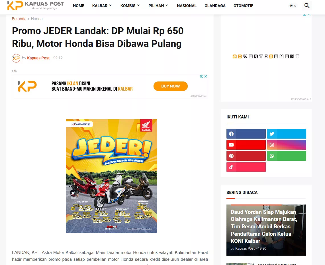 Promo JEDER Landak: DP Mulai Rp 650 Ribu, Motor Honda Bisa Dibawa Pulang