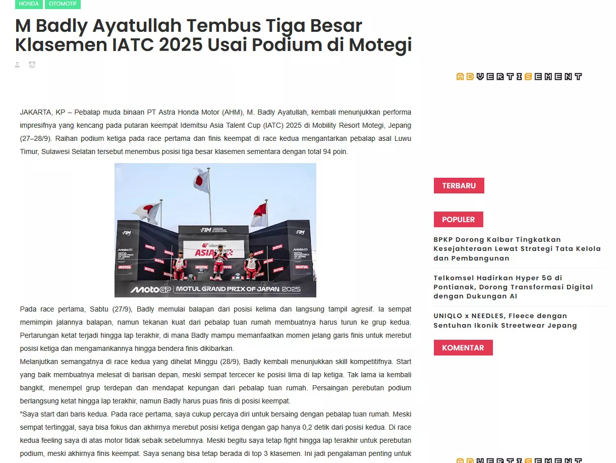 M Badly Ayatullah Tembus Tiga Besar Klasemen IATC 2025 Usai Podium di Motegi