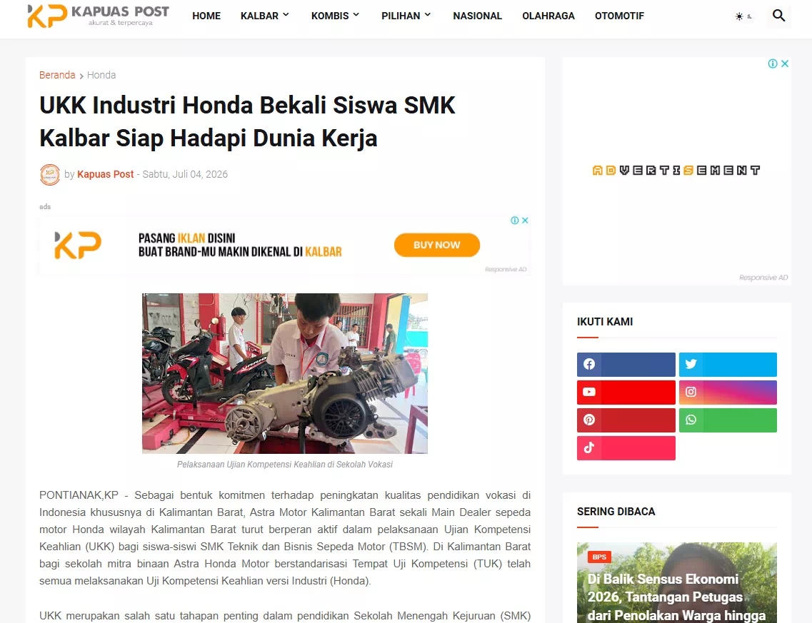 UKK Industri Honda Bekali Siswa SMK Kalbar Siap Hadapi Dunia Kerja