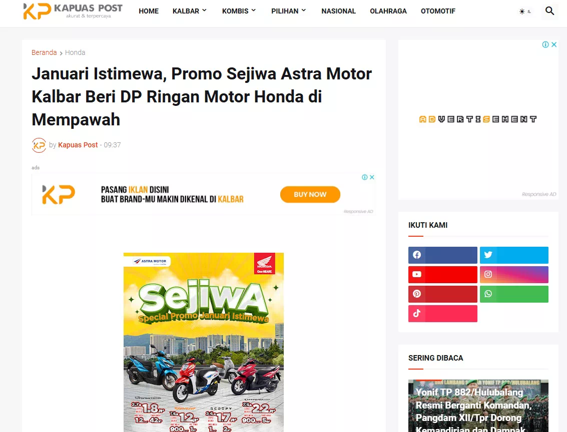 Januari Istimewa, Promo Sejiwa Astra Motor Kalbar Beri DP Ringan Motor Honda di Mempawah