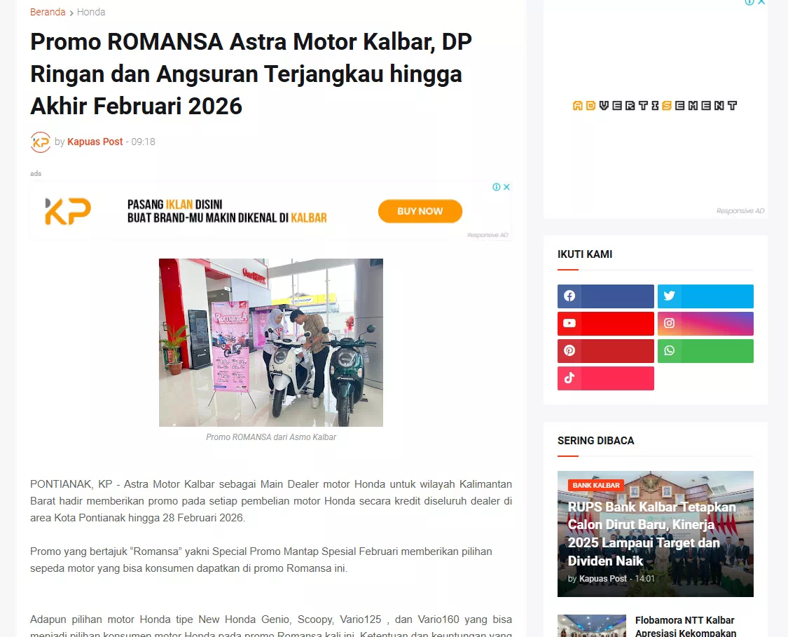 Promo ROMANSA Astra Motor Kalbar, DP Ringan dan Angsuran Terjangkau hingga Akhir Februari 2026