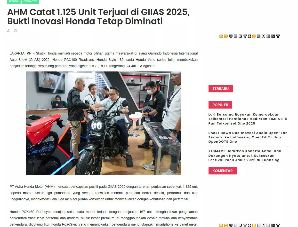 AHM Catat 1.125 Unit Terjual di GIIAS 2025, Bukti Inovasi Honda Tetap Diminati