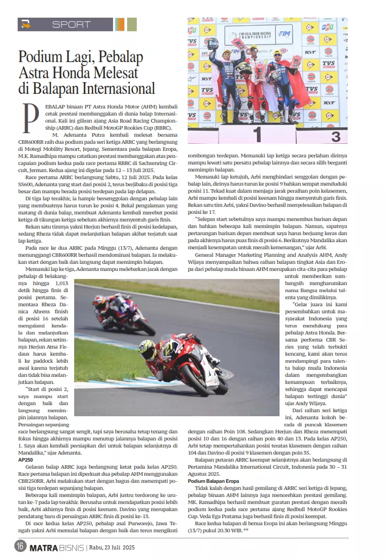 Podium Lagi, Pebalap Astra Honda Melesat di Balapan Internasional