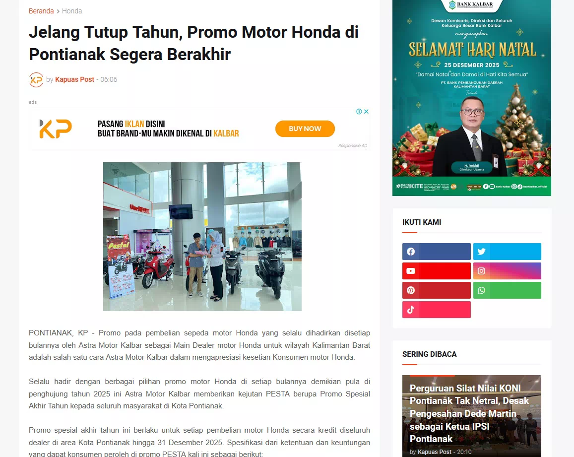 Jelang Tutup Tahun, Promo Motor Honda di Pontianak Segera Berakhir