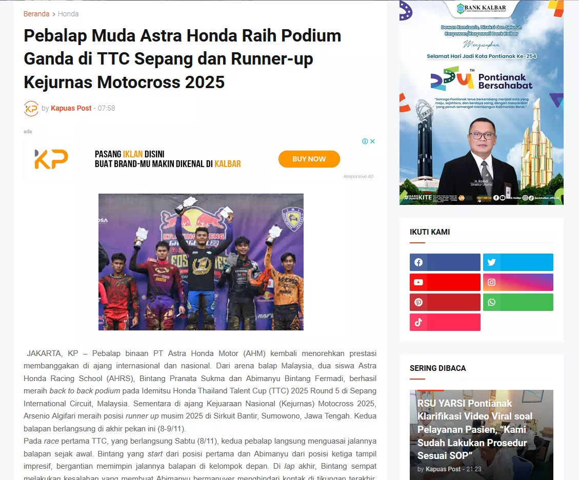 Pebalap Muda Astra Honda Raih Podium Ganda di TTC Sepang dan Runner-up Kejurnas Motocross 2025