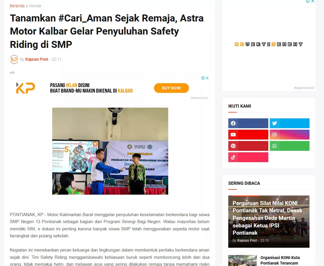 Tanamkan #Cari_Aman Sejak Remaja, Astra Motor Kalbar Gelar Penyuluhan Safety Riding di SMP