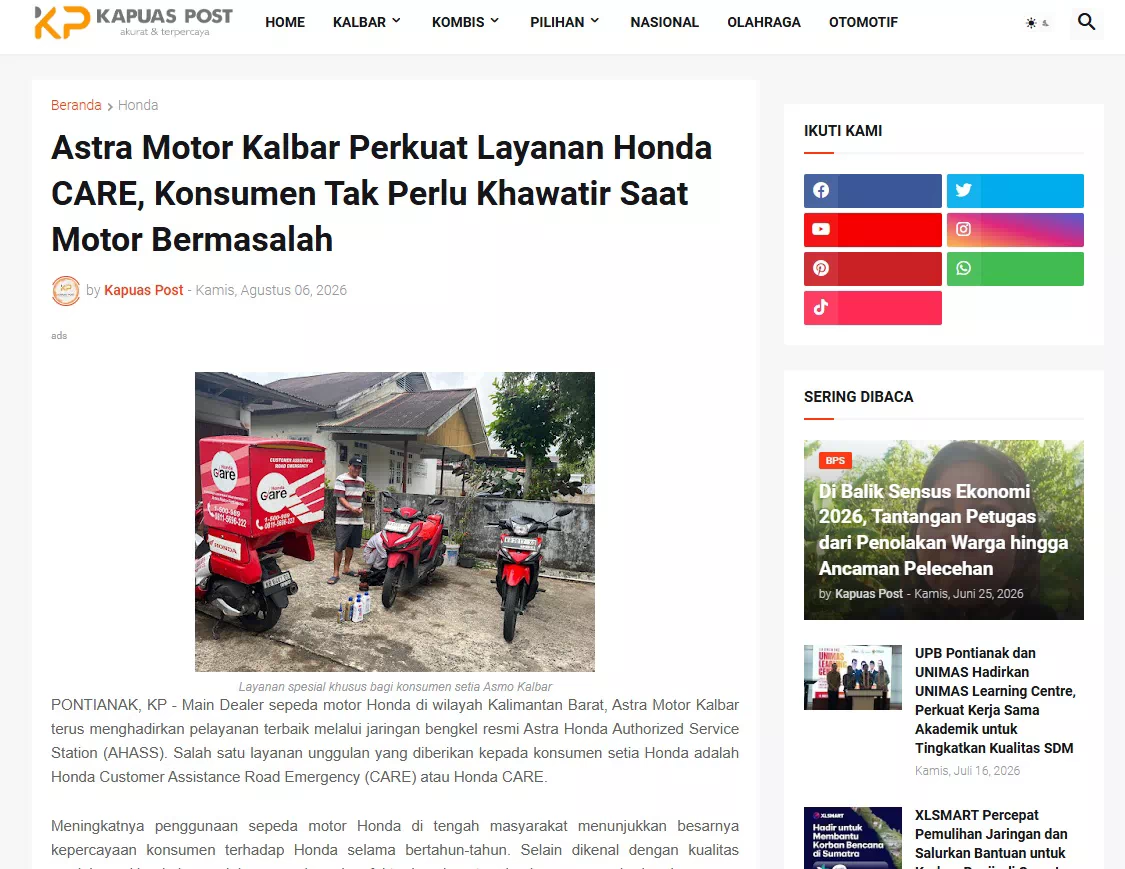 Astra Motor Kalbar Perkuat Layanan Honda CARE, Konsumen Tak Perlu Khawatir Saat Motor Bermasalah