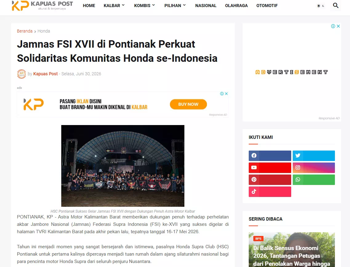 Jamnas FSI XVII di Pontianak Perkuat Solidaritas Komunitas Honda se-Indonesia