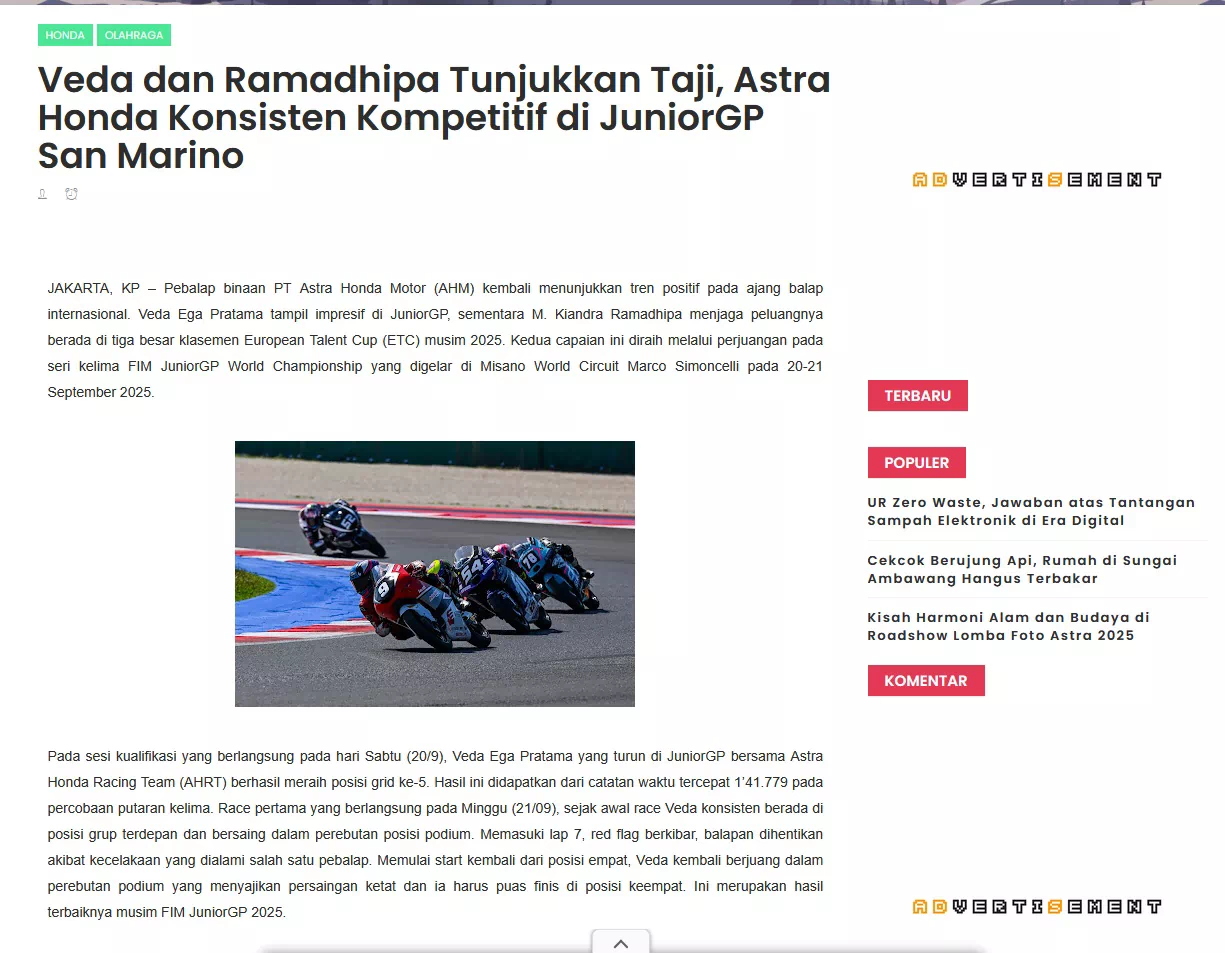 Veda dan Ramadhipa Tunjukkan Taji, Astra Honda Konsisten Kompetitif di JuniorGP San Marino