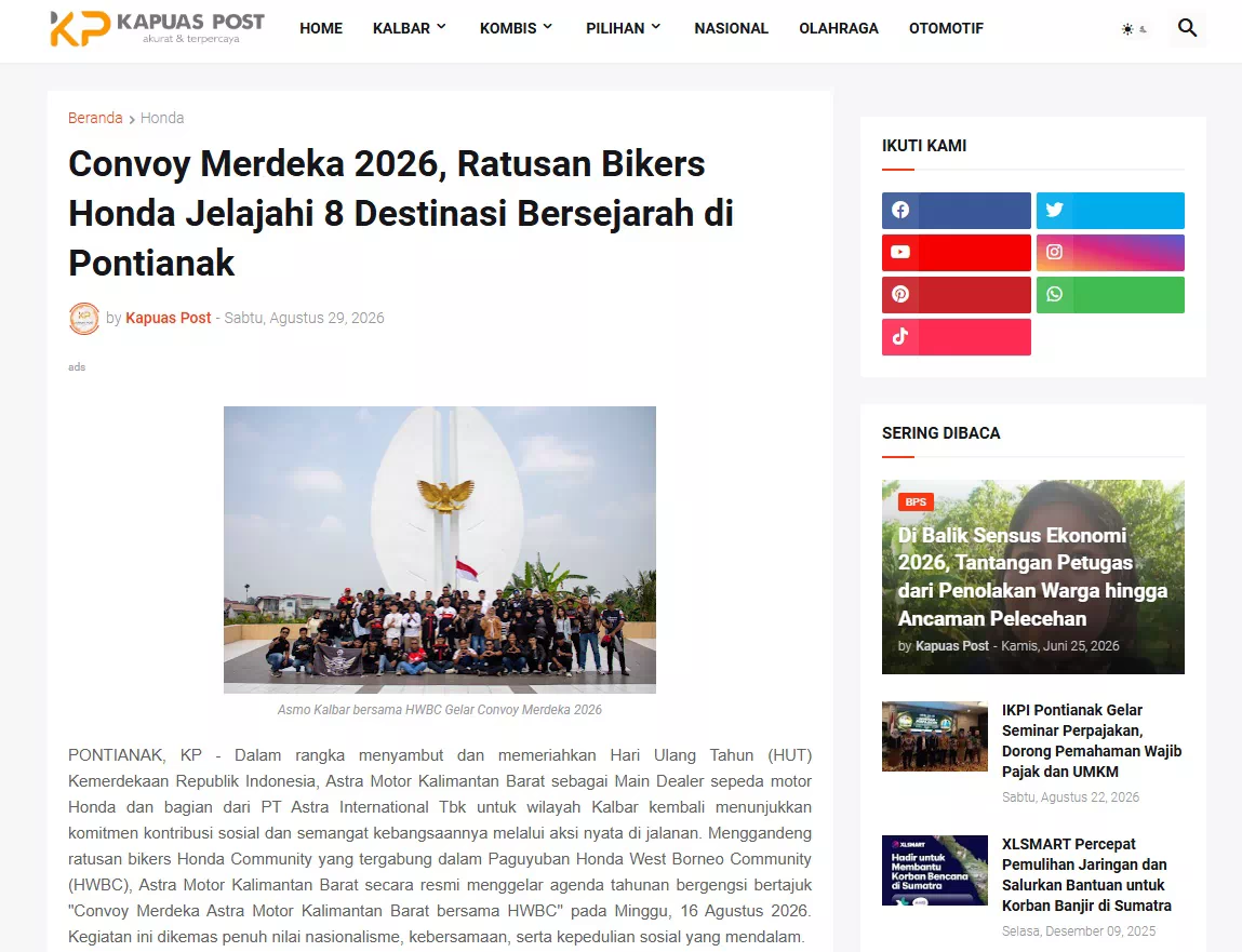 Convoy Merdeka 2026, Ratusan Bikers Honda Jelajahi 8 Destinasi Bersejarah di Pontianak