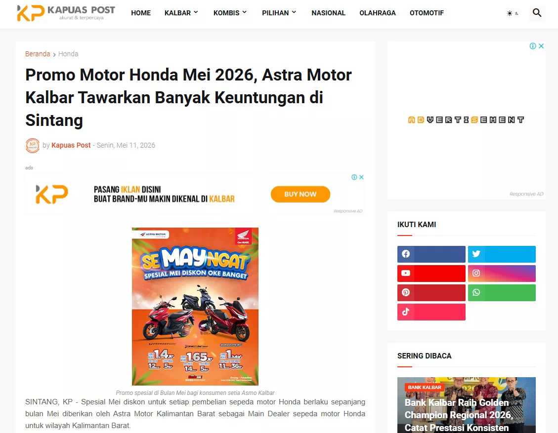 Promo Motor Honda Mei 2026, Astra Motor Kalbar Tawarkan Banyak Keuntungan di Sintang