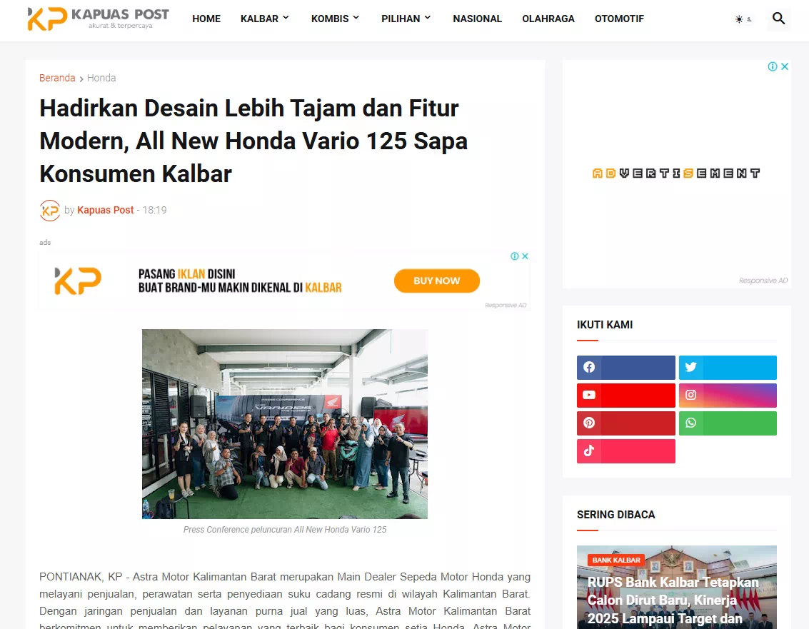 Hadirkan Desain Lebih Tajam dan Fitur Modern, All New Honda Vario 125 Sapa Konsumen Kalbar