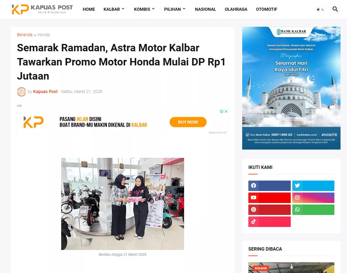 Semarak Ramadan, Astra Motor Kalbar Tawarkan Promo Motor Honda Mulai DP Rp1 Jutaan