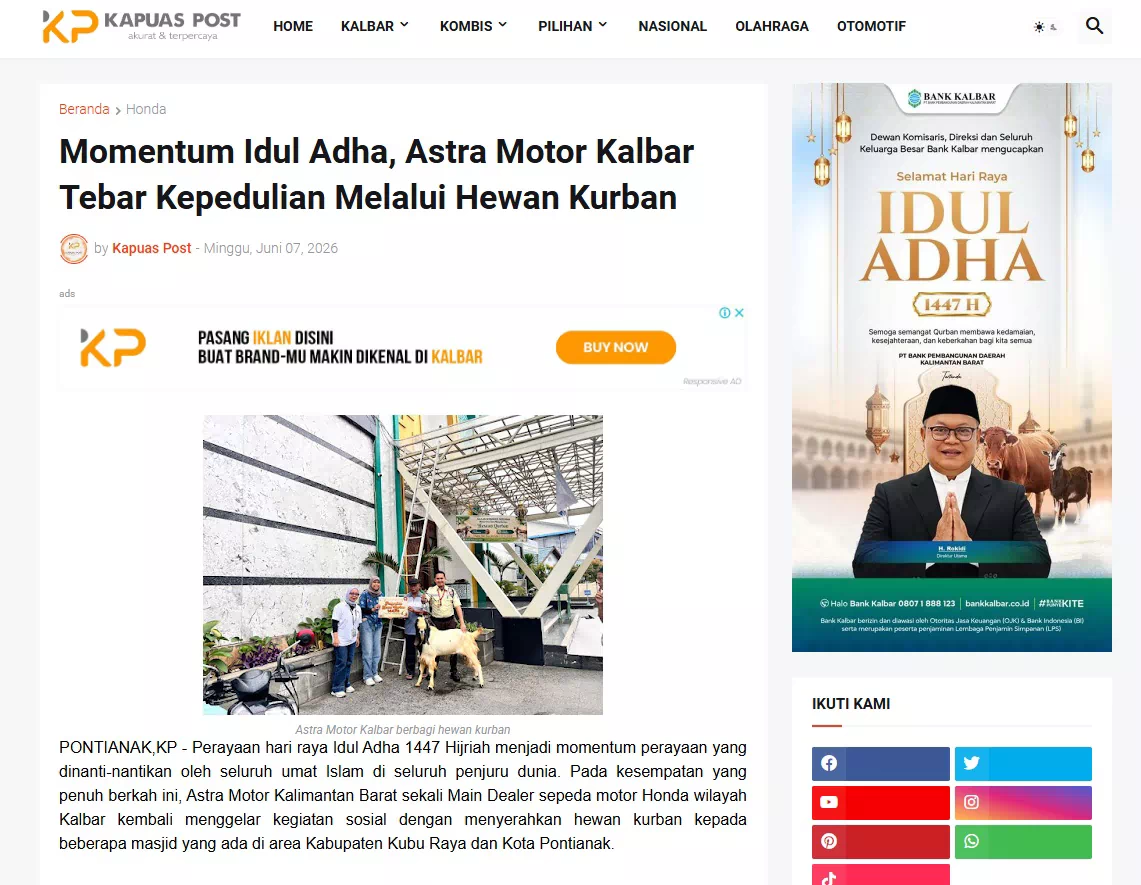 Momentum Idul Adha, Astra Motor Kalbar Tebar Kepedulian Melalui Hewan Kurban